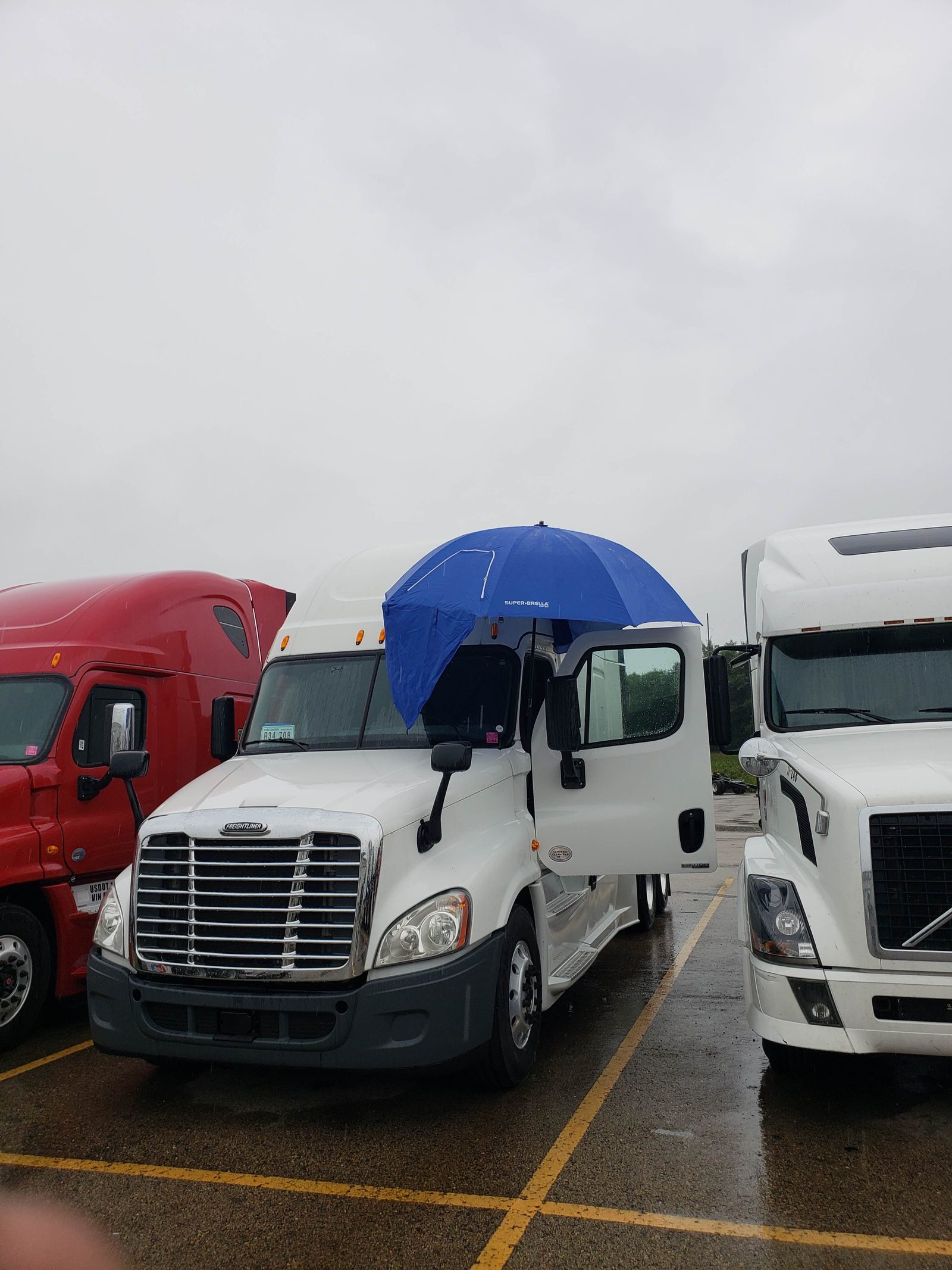 Freightliner truck staged for service in a truckstop lot